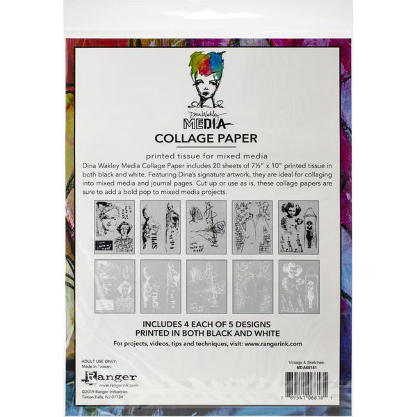 Dina Wakley Media Collage Tissue Paper 7.5"X10" 20/Pkg Vintage& Sketches
